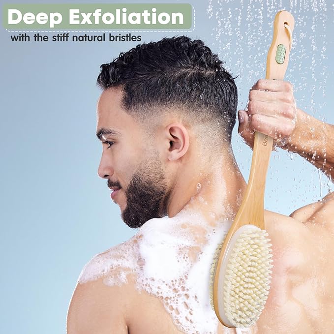 Bearona Body Brush with Exfoliating Mitt Set,Dual-Sided Long Handle with Soft and Stiff Natural Bristles, Shower Scrub for Dead Skin Removal,Body Exfoliator for Bath or Dry Brush