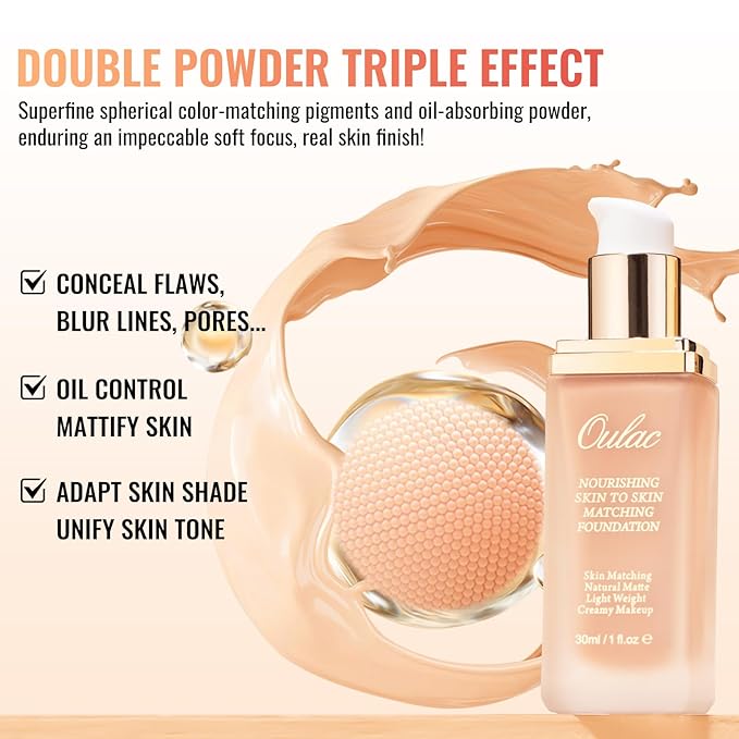 Oulac Foundation Make Up - Skincare Infused With Aloe Leaf and Vitamin E, Medium to High Coverage Liquid Foundation, Vegan 30ml, Shade: Natural 04