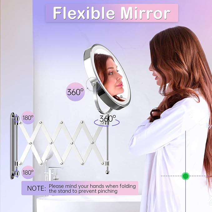 Famihomii Rechargeable Lighted Makeup Mirror Wall Mounted, 8 Inch 1X/10X Double Sided Magnifying Mirror with 3 Light, 360° Swivel Bathroom Extendable Mirror, Telescoping Mesh Shaving Mirror - Chrome