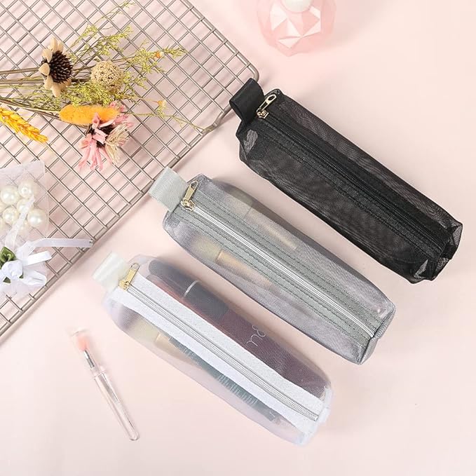 Mesh Makeup Brush Bag, 3Pcs Mesh Cosmetic Bag, Portable Travel Cosmetic Pouches for Makeup Brushes, Small Items, and Purse Organization，Pencil Pouch