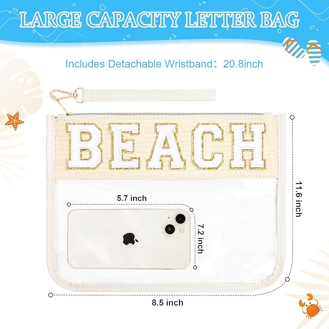 BEACH Bag BEACH Sunscreen Makeup Bag Chenille Letter Pouch Clear Travel Zipper Nylon Cosmetic Pouch Organizer Sunscreen Toiletry Bag Waterproof Summer Travel Gifts for Women
