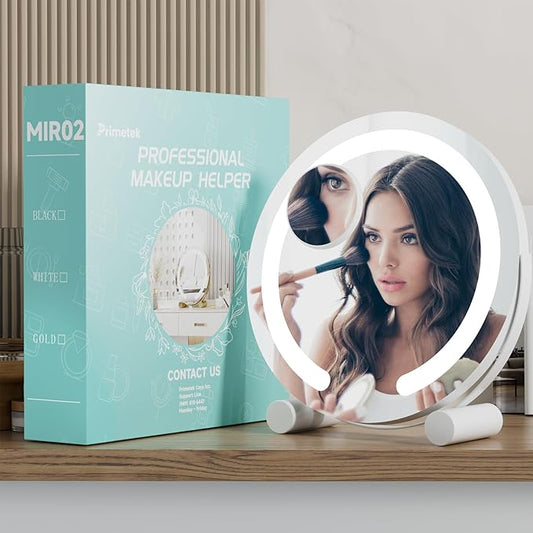 PRIMETEK Vanity Mirror with Lights, 13 inch LED Lighted Makeup Mirror, Round Makeup Mirror with Lights, Touch Screen, 3-Color Lighting, 5X Magnification, for Vanity Desk Tabletop, Bedroom, White