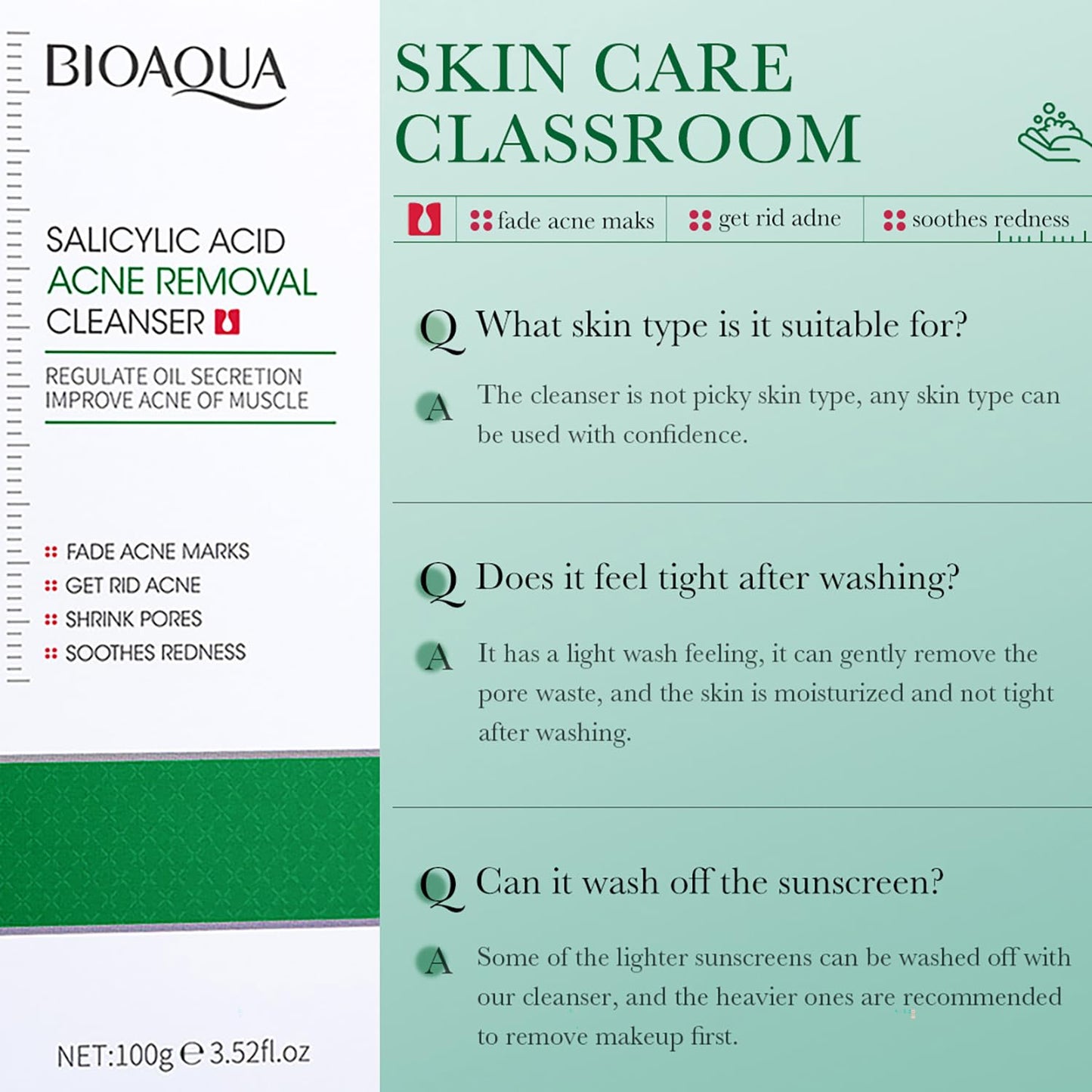 BIOAQUA Salicylic Acid Acne Marks Removal Deep Foam Cleanser Shrink Pores Soothing Oil Control 100g / 3.52fl.oz