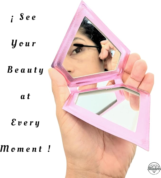 Makeup Mirror| Small Cute for Purse|2X/1X Magnifying| Your Womens Fashion| Travel Portable Slim Compact Mirror| Leather Gorgeous Elegant Iridescent Diamond Shape Women| Graduation Stylish