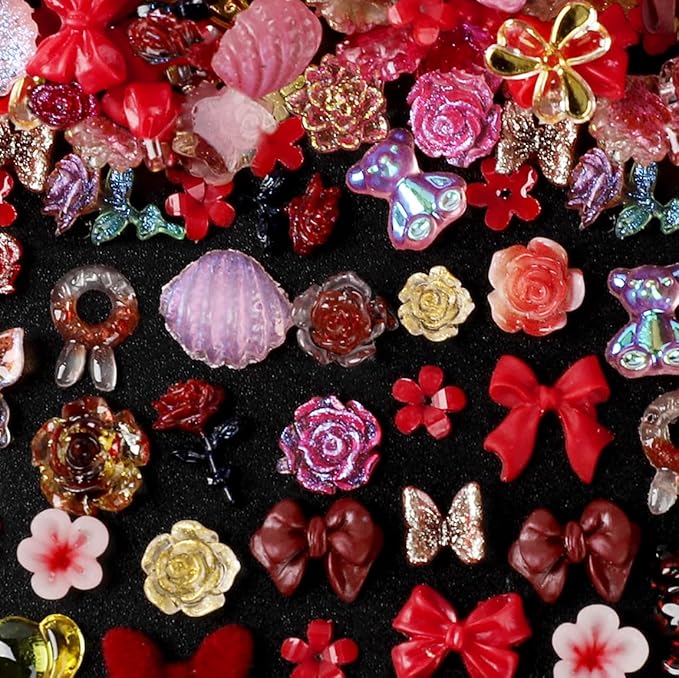 110 Pieces 3D Nail Charms for Acrylic Nails, Camellia Rose Flower Butterfly Bowknot Heart Bear Rabbit Star Charms for Nail Art Designs DIY Accessories Craft(Red+2)