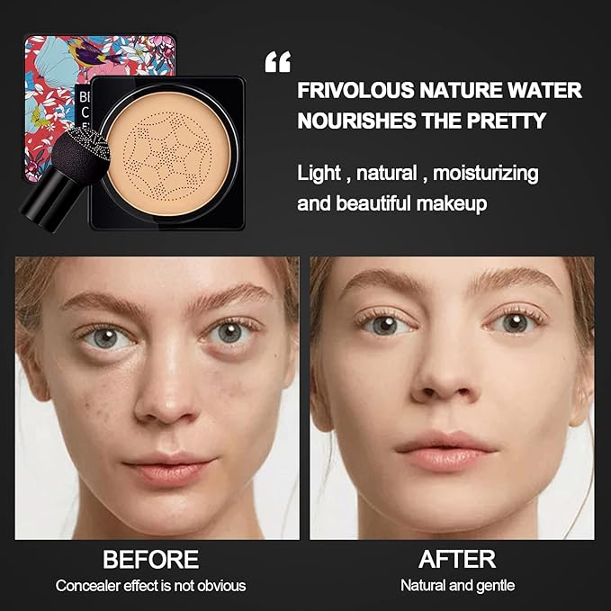 2 Pack Mushroom Head Air Cushion CC Cream, Beauty Cream EXO TOO Foundation, Full Coverage Base Primer with Two Mushroom Head Sponges