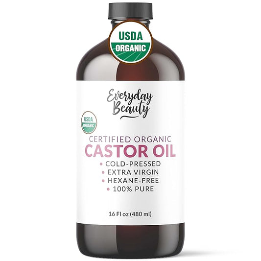 Organic Castor Oil - 16 Fl Oz Glass Bottle -100% Pure Certified USDA Organic, Cold Pressed & Hexane-Free, For Eyelashes, Eyebrows, Hair, Skin & Wellness Packs