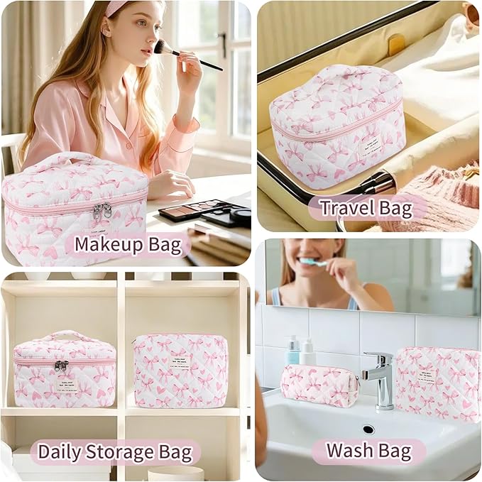 3Pcs Cotton Quilted Makeup Bag Set,Large Floral Cosmetic Bag，Aesthetic Toiletry Travel Makeup Bag Set and Cute Flower Bag for Women Girls (Love Bow)