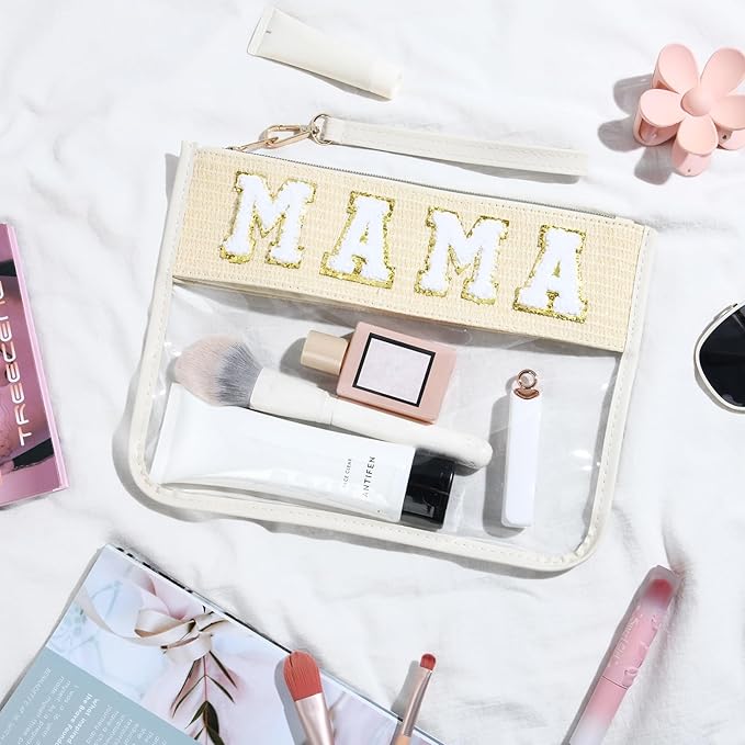 Mama Bag Mother Gifts Mama Chenille Letter Clear Makeup Bag Pouch Clear Zipper Pouch with Wristlet Travel Cosmetic Bag Graduation Retirement Mama Gifts for Women
