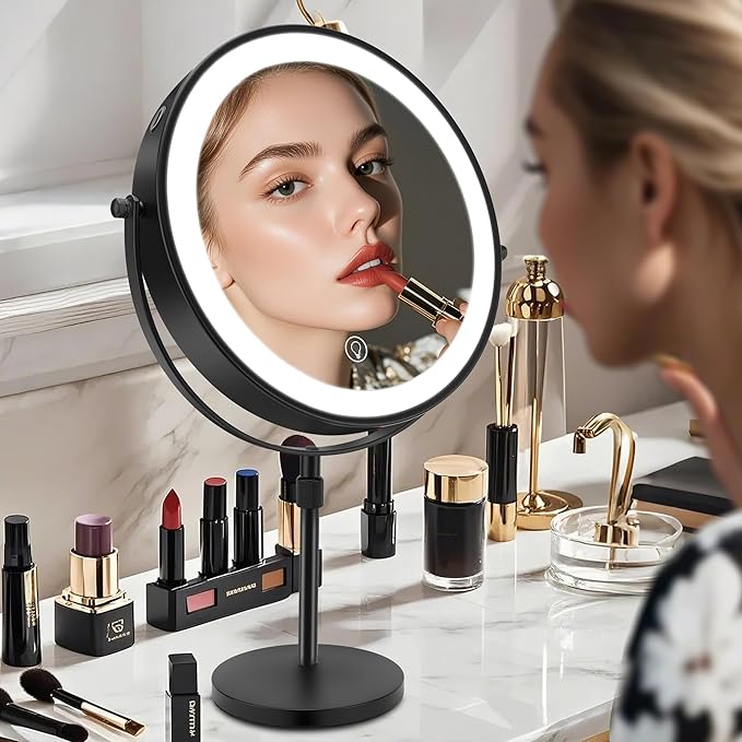 8.7" Large Lighted Makeup Mirror, 1X/10X Magnifying Mirror with 3 Color Dimmable Lights, Double Sided Vanity Mirror, Height Adjustable, 360° Swivel Cosmetic Mirror for Women Girl(Black)