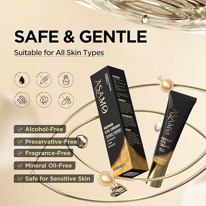 ASAMO Retinol Eye Cream – Retinol and Peptides for Fine Lines, Puffiness, and Under-Eye Shadows, Anti Aging, Eye Care Daily Wrinkle Cream,1.06 fl.oz