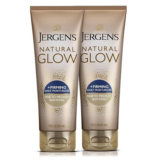 Jergens Natural Glow +Firming Self Tanner Body Lotion, Fair to Medium Skin Tone, Sunless Tanning Moisturizer with Collagen and Elastin. Helps to Visibly Reduce Cellulite, 7.5 Fl Oz (Pack of 2)