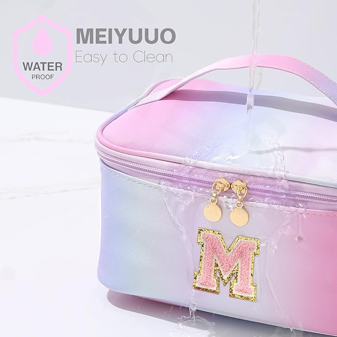 Meiyuuo Large Makeup Bag Cute Travel Pro Cosmetic Bags Personalized Chenille Letter Bag Travel Toiletry Organizer for Women Teen Girls Gifts for Her Preppy Rainbow Pink M