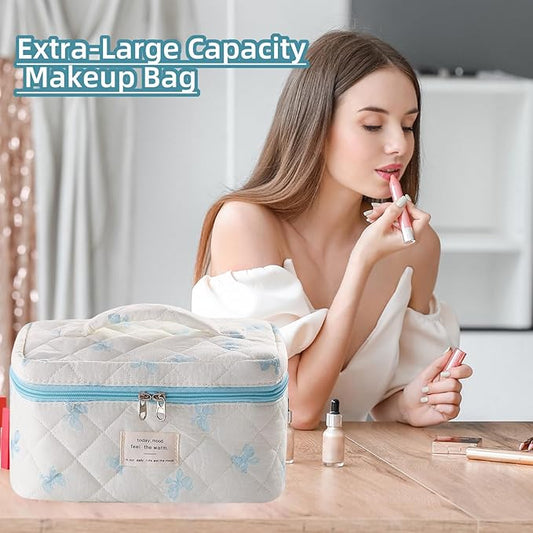 3 Piece Cute Blue Bow Quilted Makeup Bag Set, Large Capacity Travel Makeup Bags for Women and Girls, Includes Small, Medium, and Extra Large aesthetic makeup&Cosmetic Bags (3PCS-Blue Bow)