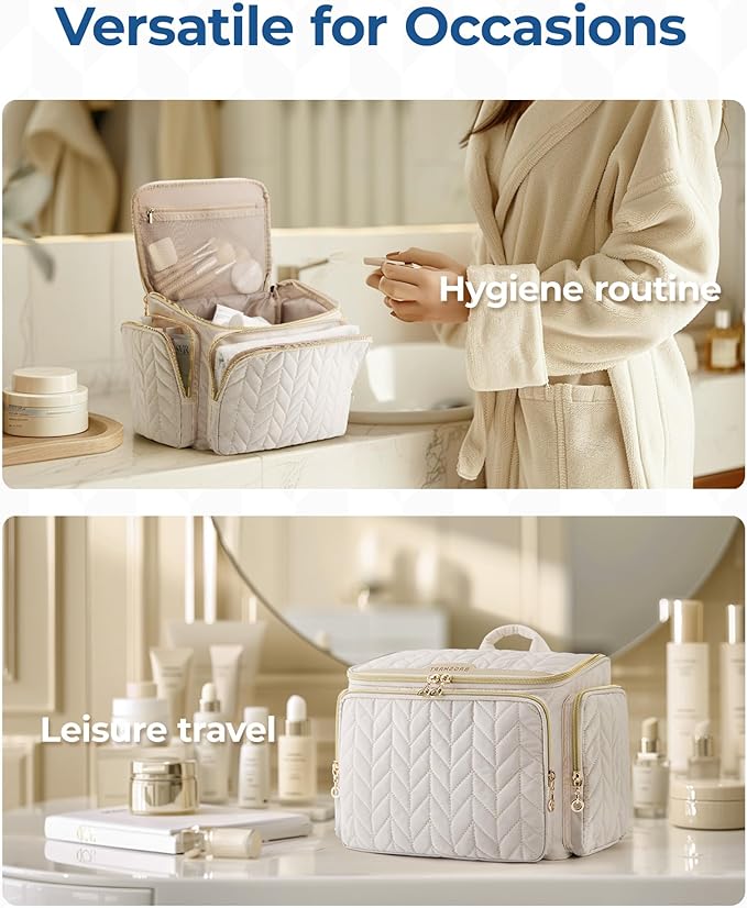 BAGSMART Travel Toiletry Bag, Large Wide-open Travel Bag for Toiletries, Makeup Cosmetic Travel Bag with Handle-Camel