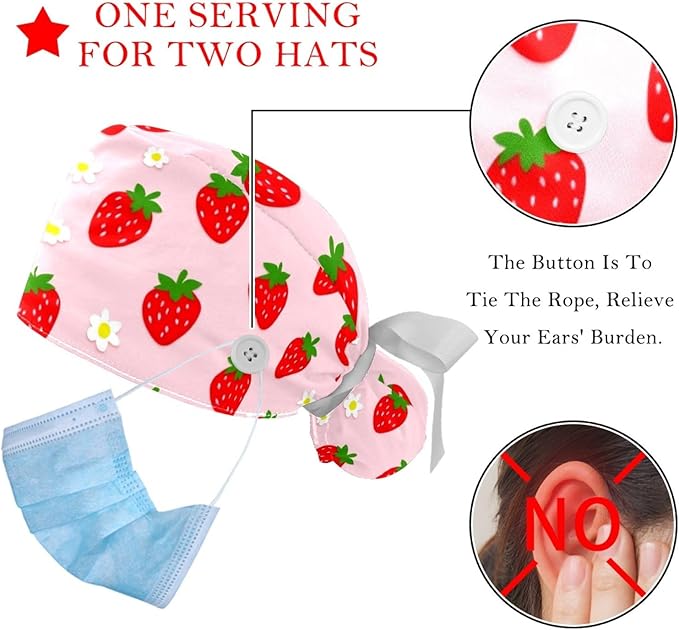 2 PCS Bouffant Cap with Button Ponytail Pouch Working Cap Sweatband Adjustable Surgical Cap Black and White Cow