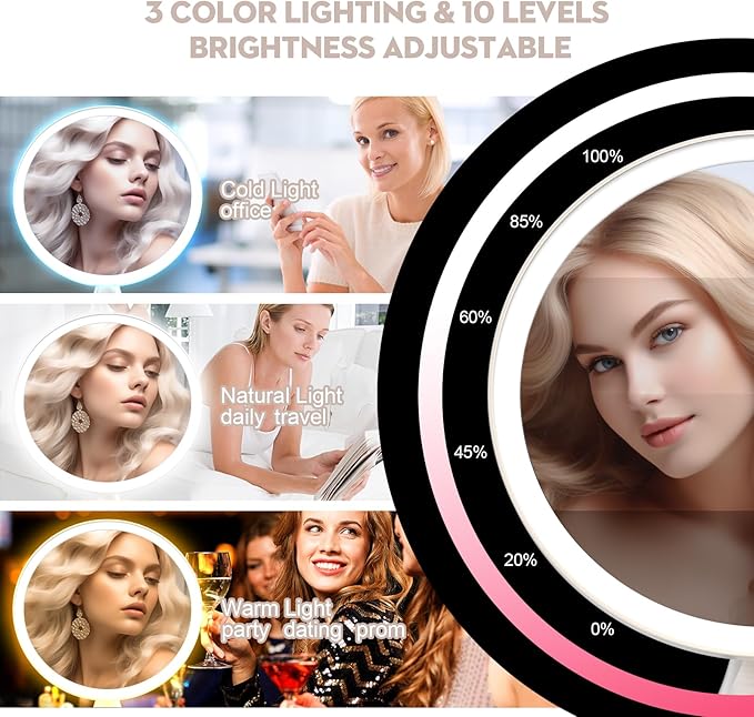 10'Large Lighted Makeup Mirror with 7X Magnification Mirror,3 Colors & 10 Brightness,Magnifying Mirror with Light for Makeup Vanity,5000mAh,Pearl Nickel,Gifts Box (Nickel)