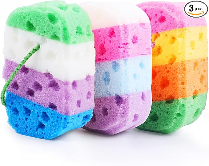 3 Pcs Exfoliating Bath Sponges for Shower,ＴＩＺＹＦＦ Bath Sponge Loofah for Body Wash Bathroom Vivid Colors Soft Bathing Accessories