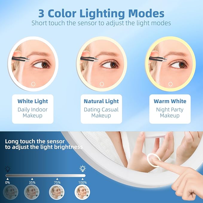 10X Magnifying Mirror with Lights, 10X Magnified Mirror with 3 Color Lights Adjustable Brightness, Rechargeable 6inch Travel Magnification with 3 Suction Cups - Includes Tweezers & Scissors