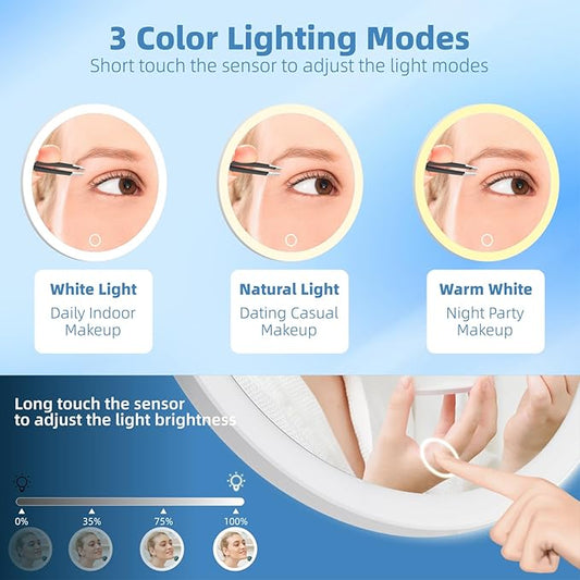 10X Magnifying Mirror with Lights, 10X Magnified Mirror with 3 Color Lights Adjustable Brightness, Rechargeable 6inch Travel Magnification with 3 Suction Cups - Includes Tweezers & Scissors