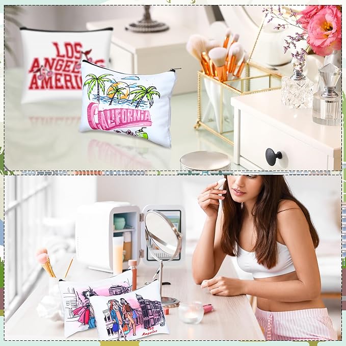 9 Pcs Los Angeles Cosmetic Bag New York Souvenir Zipper Pouch Los Angeles Souvenir Gifts Italy Paris Broadway Alaska Makeup Purse for Girls Women Traveler Birthday Christmas Party Favors