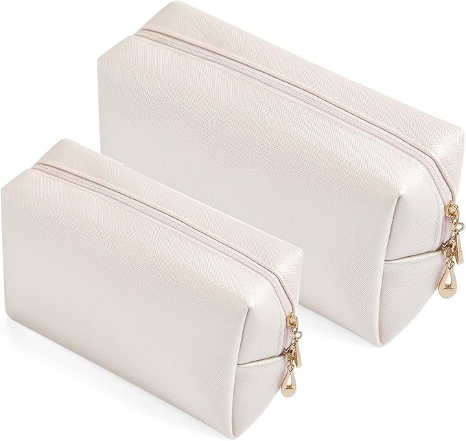 2pcc set PU Leather Cosmetic Bag for Women Minimalism Makeup Bag for Daily Use Portable Storage Purse Small Neat Cosmetic Pouch Water-resistant Toiletry Bag for Travel (Ivory White)