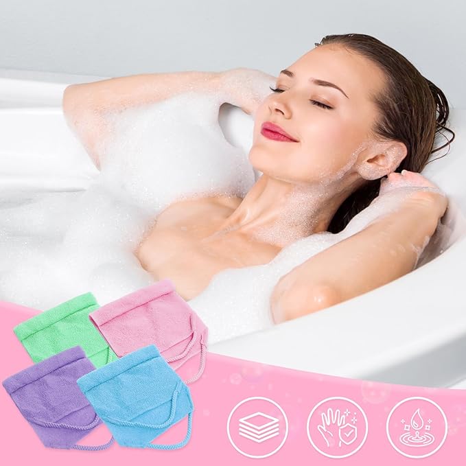 4Pcs Exfoliating Back Scrubber with Handle and 2 Pairs Shower Bath Gloves Bath Set for Shower Bath Exfoliator Stretchable Skin Massages Back Scrubber Improve Blood Circulation
