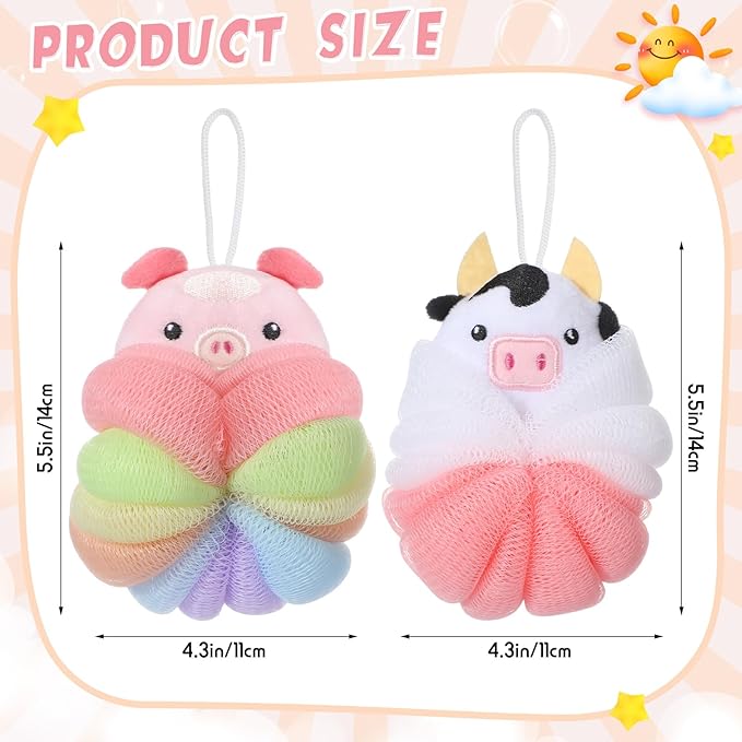 Nuenen 2 Pcs Bath Loofahs Kids Toddler Cute Cartoon Bath Sponges Loofah Pouf Body Scrubber Mesh Sponges for Children Shower Washing Exfoliating(Calf, Pig)