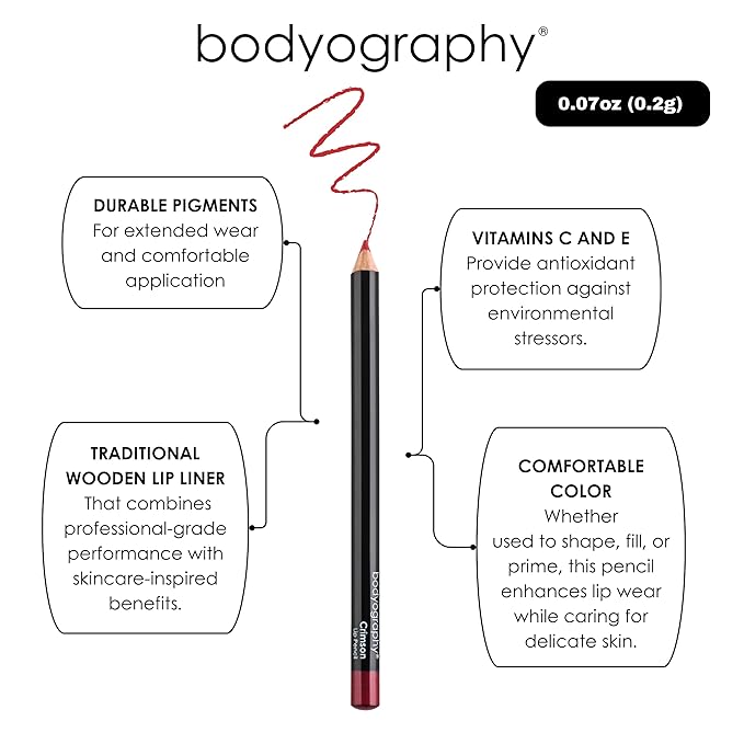 Bodyography Rosewood Lip Pencil | Wooden Lip Liner Pencil with Coconut Oil, Vitamin E & C | Long-Lasting, Matte Liner for Definition & Color | Makeup Essential for Smooth Lip Contour