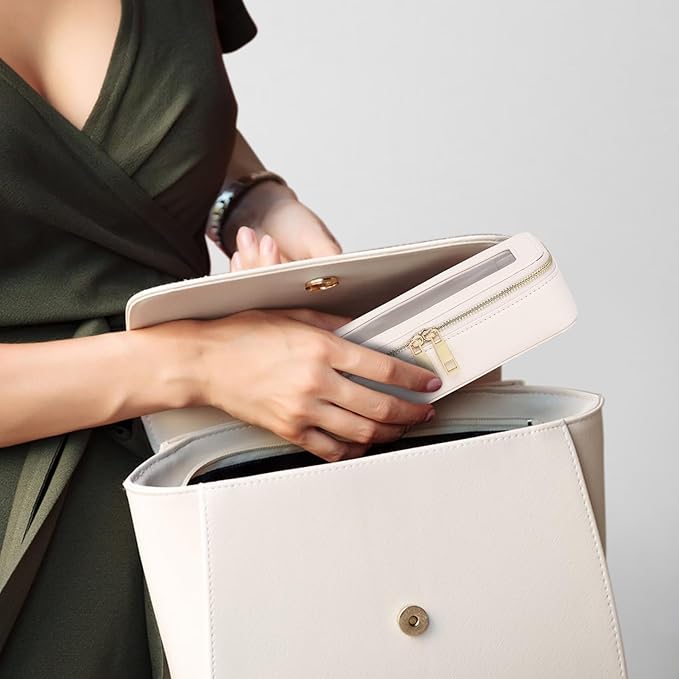 Makeup Brush Case Clear Travel Cosmetic & Toiletry Bag Small Makeup Bag with Zipper Purse Organizer Car Essential Bag for Women (Beige, SLIM)