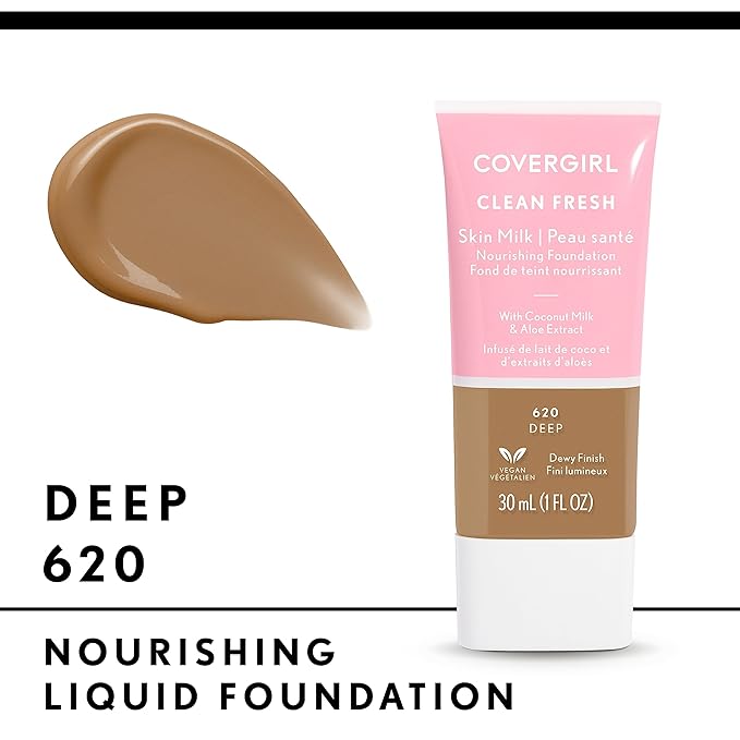 COVERGIRL Clean Fresh Nourishing Skin Tint, 620 Deep, Liquid Foundation, Dewy Finish, Infused with Coconut & Aloe, Vegan Formula