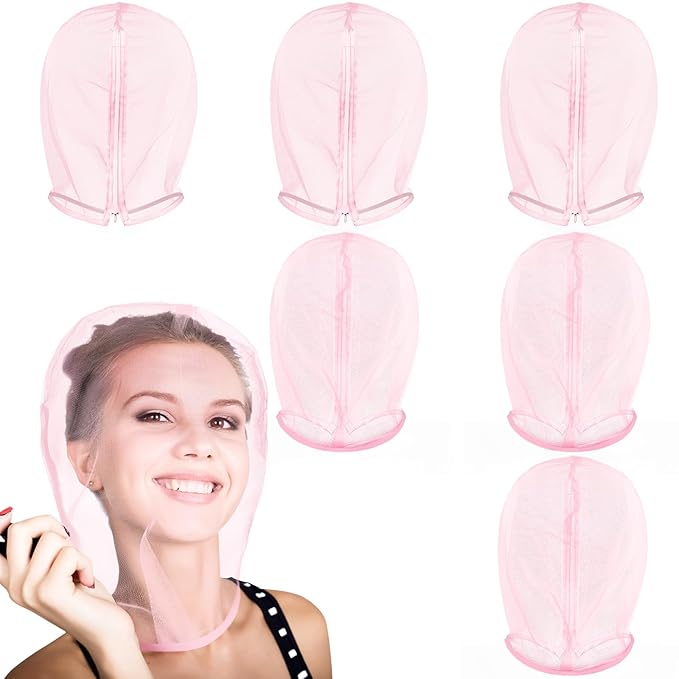 Loopeer 6 Pcs Makeup Protector Hood Washable Light Airy Nylon Chiffon Makeup Hood Zipper Closure Reusable Make up Face Cover for Women Girls Beauty Weddings (Pink)