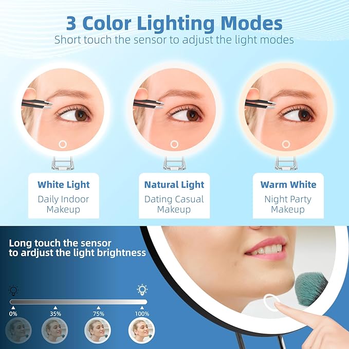 5X Magnifying Mirror with Lights, 5X Makeup Magnification 6inch Magnified Mirror Large Travel Lighted Magnification with Adjustable Table Stand & Suction Cups - Included Tweezers & Scissors Set