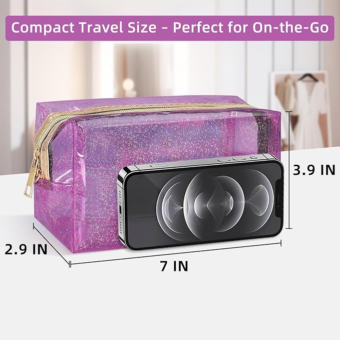 Clear Colorful Makeup Bag, Thick PVC Small Clear Toiletry Bag for Travel, Waterproof Cosmetic Bag with Durable Zipper & Detachable Strap, Cute Transparent Pouch Organizer for Women, 7.1×4×3 In Purple