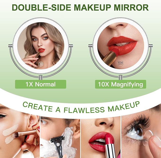 Anfauny 9 Inch Wall Mounted Lighted Makeup Mirror, Double Sided 1X/10X Magnifying LED Vanity Mirror with 3 Color Lights & Stepless Dimming, 360°Swivel Extendable Bathroom Cosmetic Mirror-Chrome