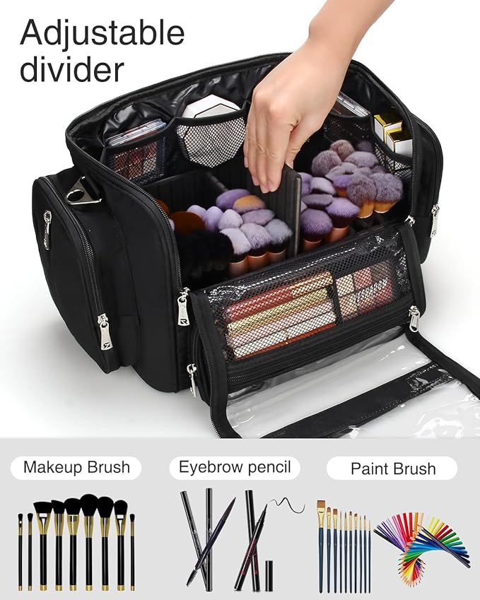 Makeup Brush Bag, Makeup Artist Must Haves, Professional Travel Makeup Brush Case, Extra Large Stand Up Make Up Brush Holder Makeup Organizer, Full Open With Compartments and Shoulder Strap