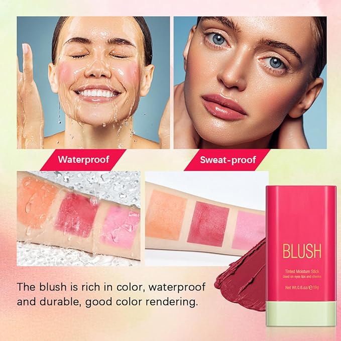 Multi-Use Makeup Blush Stick, Tinted Solid Moisturizer On-the-Go Blush, Multi-use Cream Blush Stick for Cheek & Eyes & Lips, Waterproof Natural Nude Makeup for All Skin (1# Shy Pink)