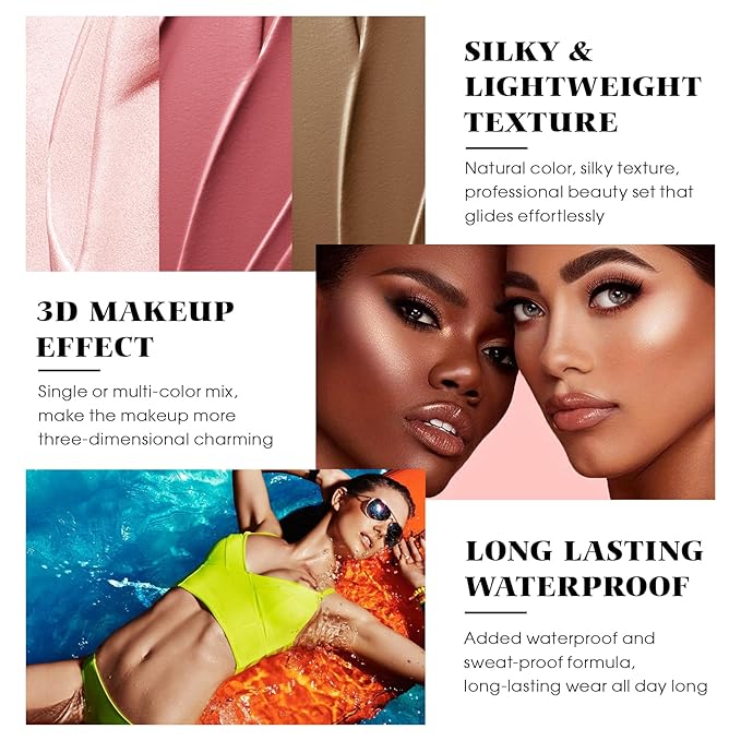 3Pcs Cream Contour Kit - Cream Blush, Highlighter, Contour Bronzer for Cheeks, Waterproof Long Lasting Blendable, Contour Stick Trio for Face Makeup (#02, 05, 06)