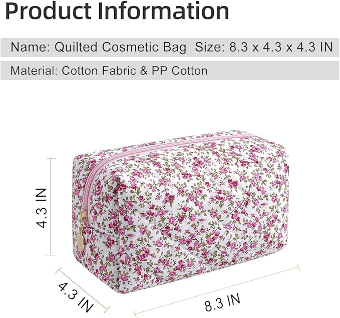 Gleyemor Small Quilted Makeup Bag for Women, Cute Floral Bow Cosmetic Bag, Emergency Bag Travel Toiletry Cotton Pouch Gifts for Girls Her Mom Friend Sister Bridesmaid (Red Small Flower)