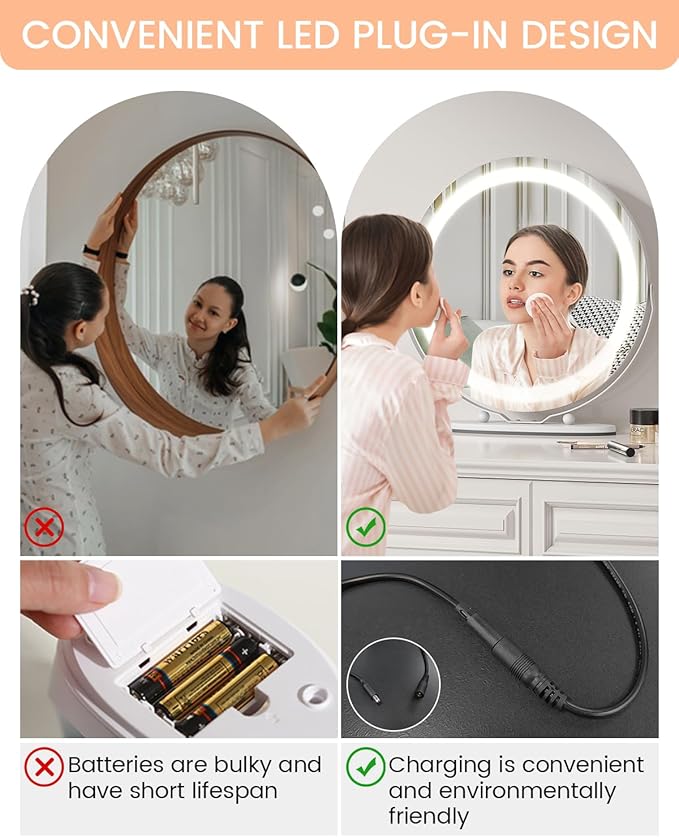 19 Inch Vanity Mirror with Lights, Round Large LED Vanity Mirror with Smart Touch 3 Colors Dimmable, Touch Lighting, 360° Rotation for Dressing Room and Bedroom Tabletop, Easy Assembly(white)