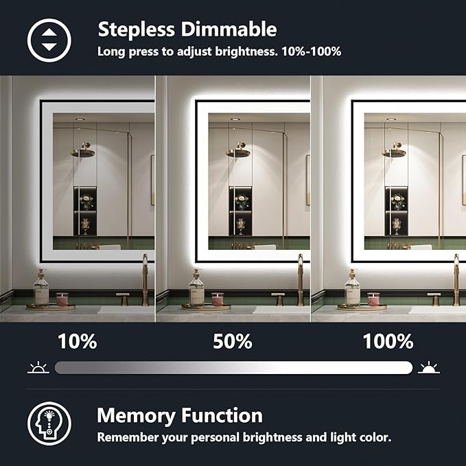 28x36 Inch LED Bathroom Mirror with Lights (Front Lit and Backlit) Black Framed Lighted Vanity Mirror for Bathroom Wall Dimmable Anti-Fog Memory Tempered Glass Horizontal/Vertical