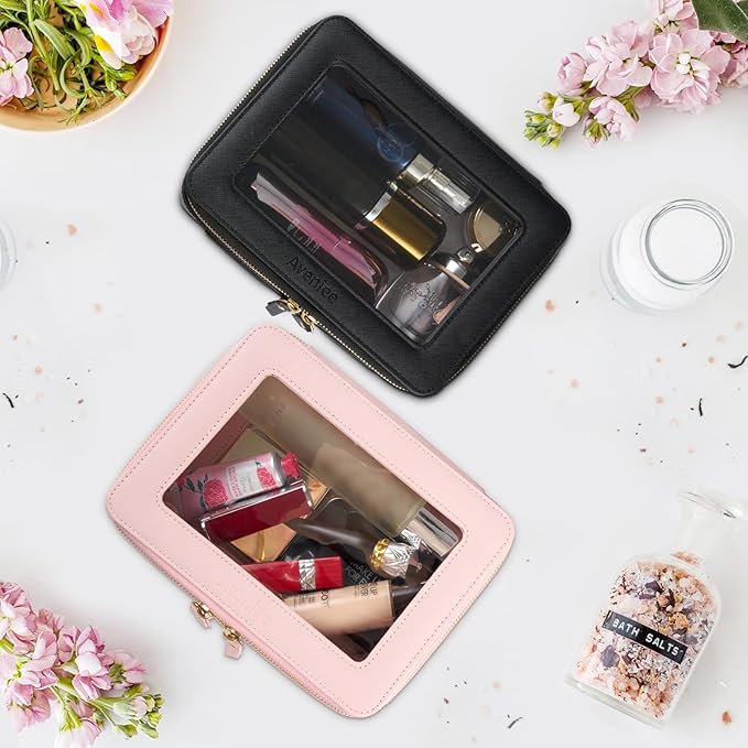 Aveniee Clear Makeup Bag Organizer, Portable Travel Toiletry Cosmetic Bag Case for Women, Heavy Duty Vegan Leather Make Up Pouch with Transparent Vinyl Windows & Gold Zippers(Pink)