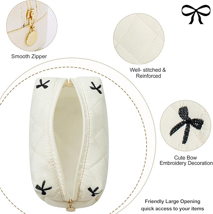 Gleyemor Small Quilted Makeup Bag for Women, Cute Floral Bow Cosmetic Bag, Emergency Bag Travel Toiletry Cotton Pouch Gifts for Girls Her Mom Friend Sister Bridesmaid (White&Black Bow)
