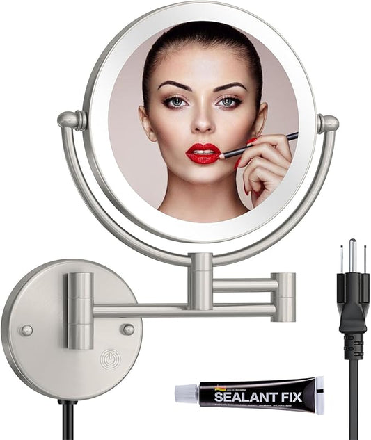 8" Brass Lighted Wall Mounted Makeup Mirror, 360° Swivel Extendable,Bathroom Mirror Double-Sided 1X/5X Magnification LED Vanity Mirror, Touch Dimming, Brushed Nickel, Plug Powered