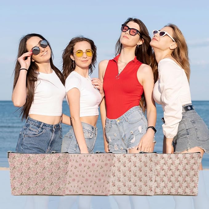 4pcs Pink Vintage Roses Floral Makeup Bag, Pink Coquette Roses Flower Cosmetic Bag Rose Gifts for Women Female Girls Sister BFF Nature Lover, Travel Zipper Pouch Christmas Thanksgiving Birthday Gifts