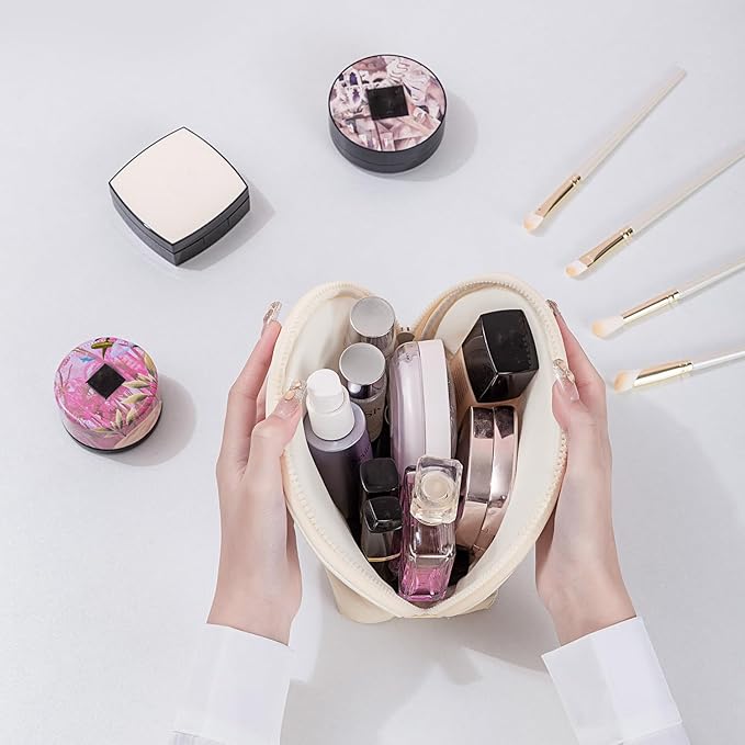 AmBealla Small Cosmetic Bag Portable Storage Bag for Women,Cute Compact Makeup Bag for Keys and Phone, White Cotton Embroidered Organizer with Wristband,Portable Travel Bag for Girls