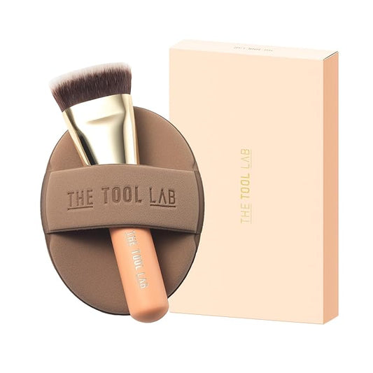 THE TOOL LAB All Day Fitting Duo (Glow type) - Premium Base Makeup Set for Liquid Cream Powder Foundation, Buffing Blending Face Brush, Sponge, Portable Case - 1.1" Flat Top Brush