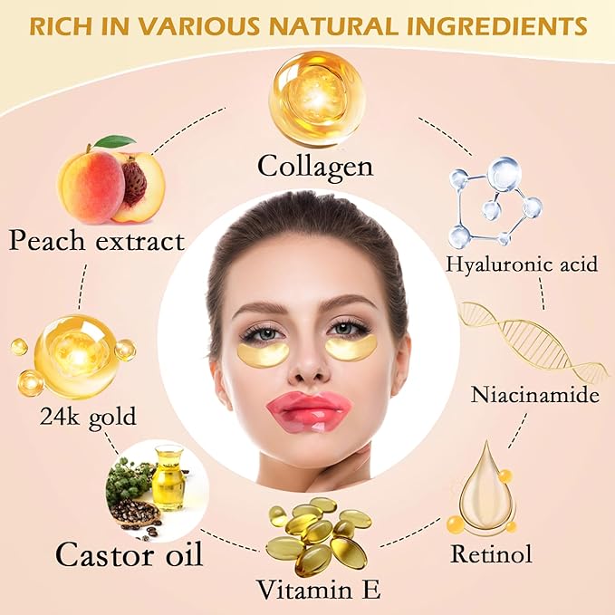 30 Pairs 24k Gold Eye Mask and Lip Masks,Reducing Fine Lines Dark Circleeye Patches, Pink Lip Mask and Collagen Gel Eye Patch for Puffy Eyes Birthday Gifts for Women Travel Essentials