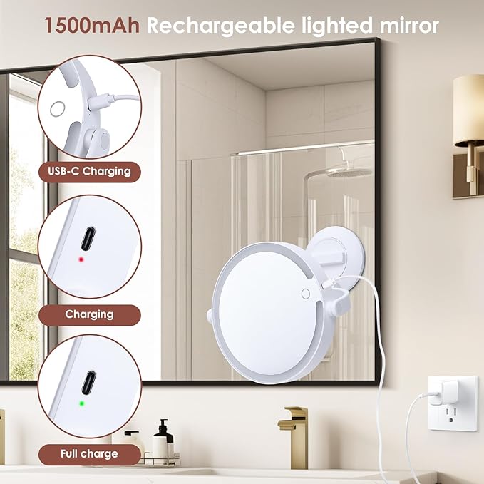 1X 10X Magnifying Mirror with Lights, Rechargeable 2 Sided Lighted Magnification Makeup Mirror, 3 Color Settings Desk Vanity Mirror, 360° Swivel Locking Suction Mount Bathroom Shaving Mirror