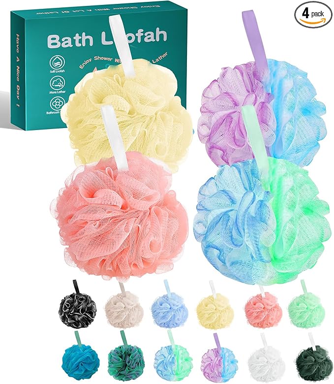 Amazerbst 4 Pack Bath Sponges Mesh Balls Shower Loofahs Wash Back Body Cleaning Scrubber Exfoliator Loofah Sponge Bathing Accessories Women Men
